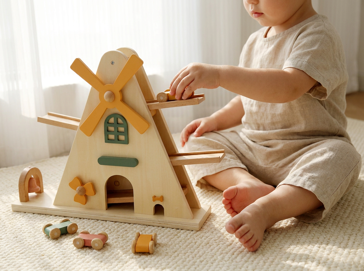 Wooden Windmill Car Ramp Toy — Gravity Gliding Track Set for Toddlers