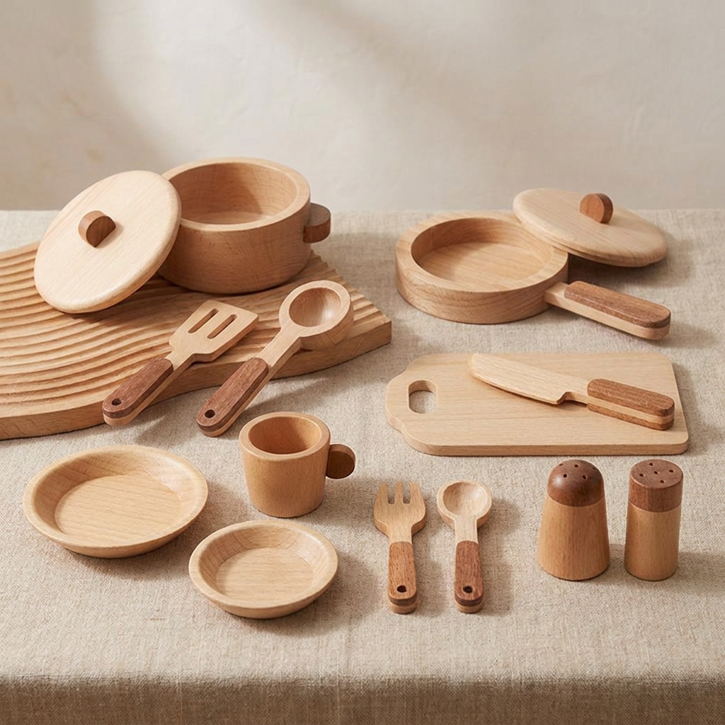 Wooden Kitchen Playset — 15-Piece Pretend Cooking Set for Kids