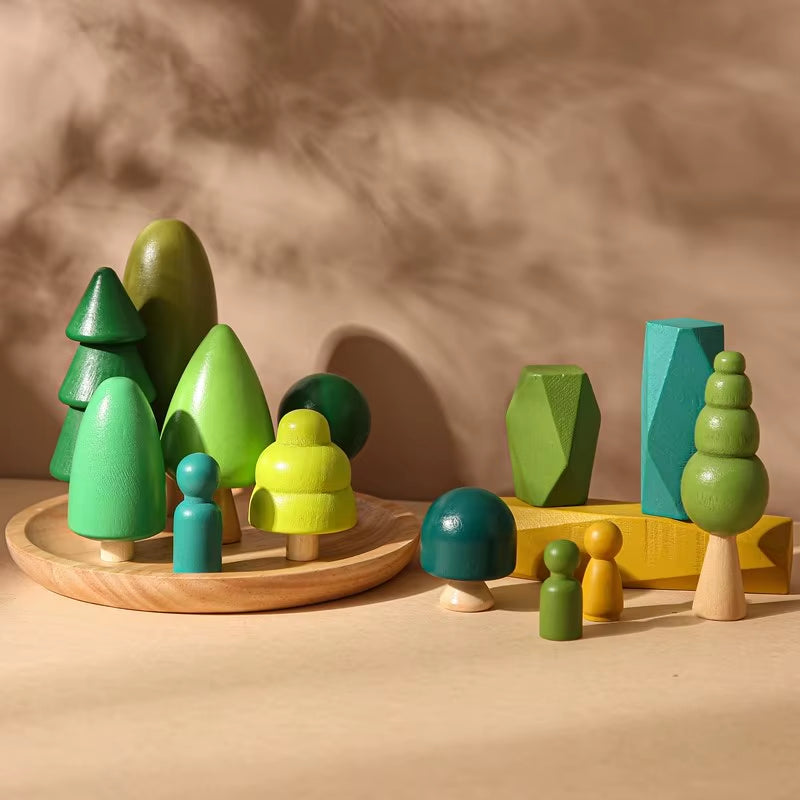 Wooden tree-themed toy set with stacked blocks; natural wood, Montessori educational toy for babies and nursery decor.