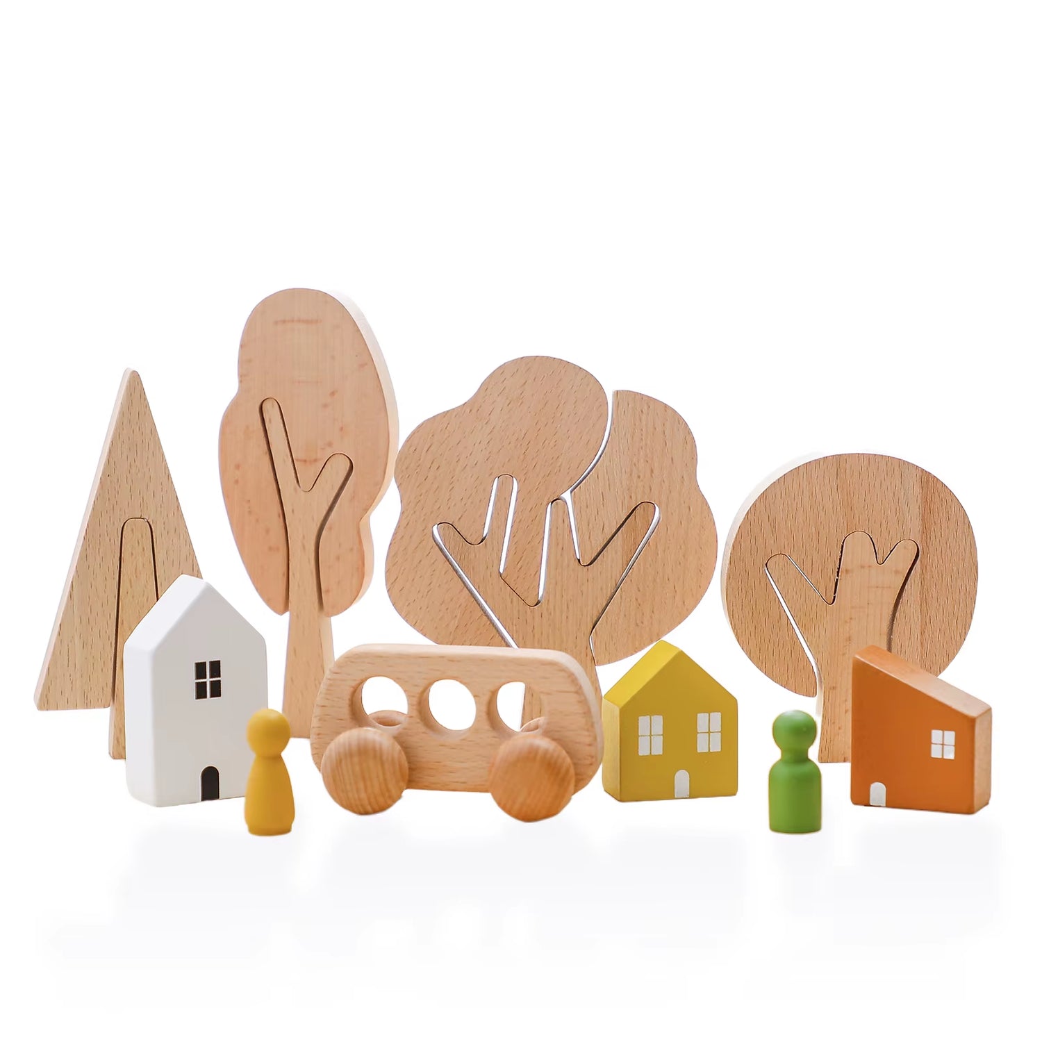 Natural wooden tree toy set with houses, figures and a vehicle for Montessori play and baby room decor