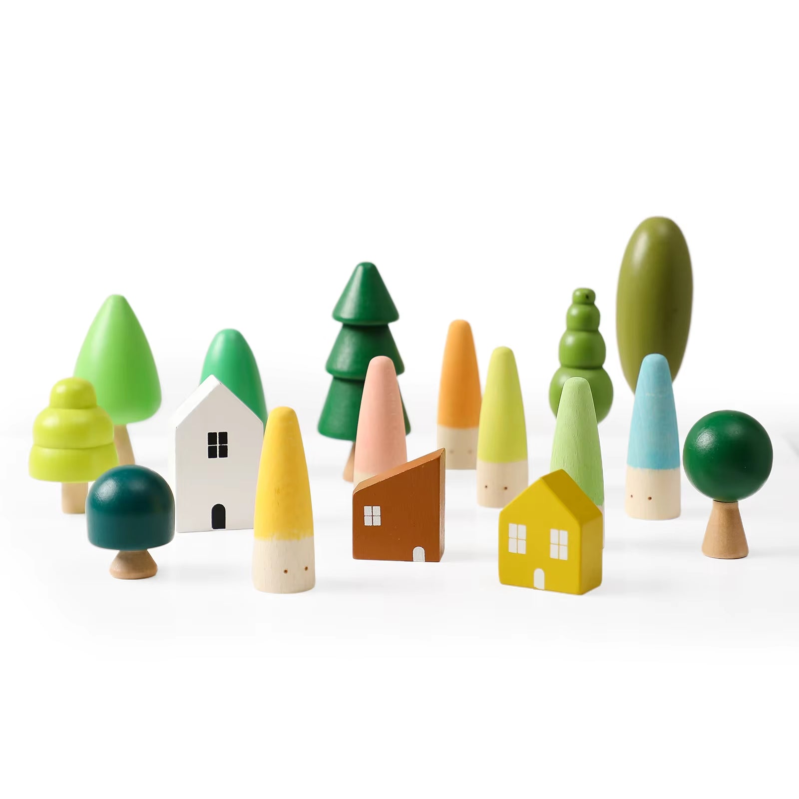 Colorful wooden trees and houses building blocks set for children, Montessori toy and baby room decor