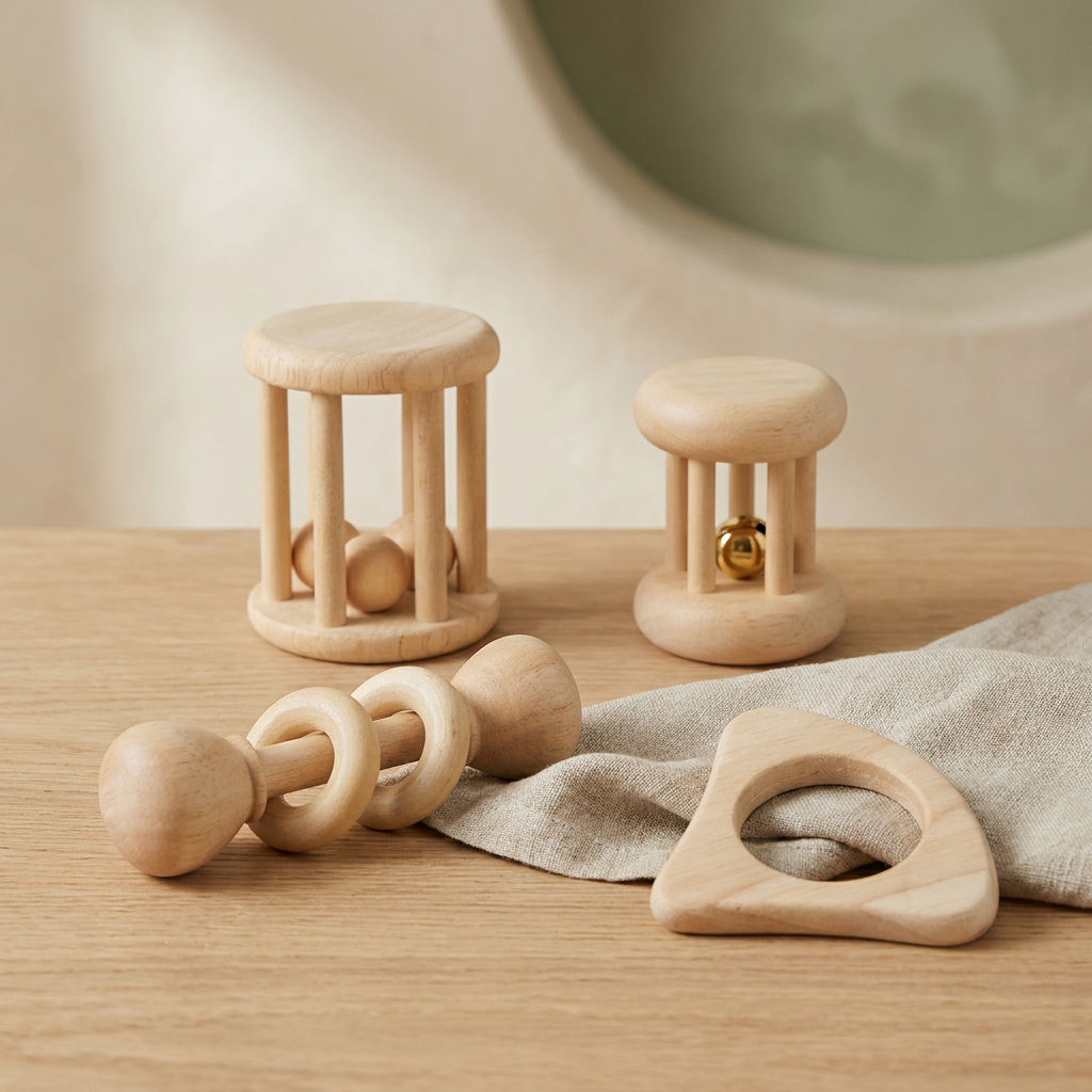 Wooden Baby Rattle Set — 4-Piece Sensory Toy for Newborns & Infants
