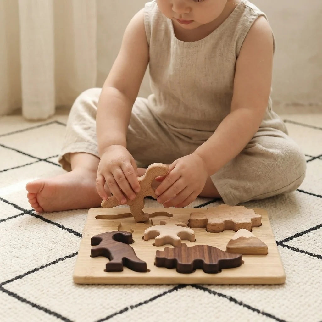Wooden Dinosaur Tray Puzzle — 7-Piece Montessori Puzzle for Toddlers
