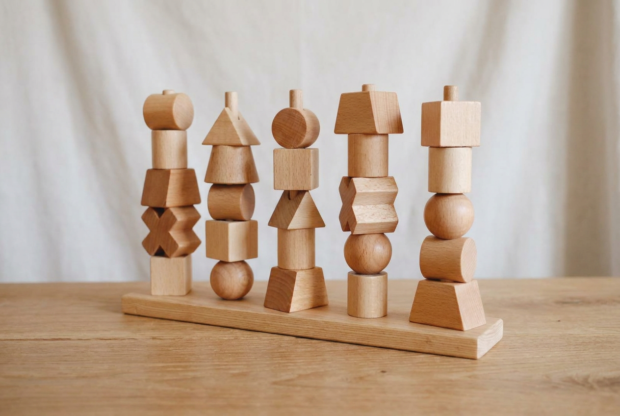 Wooden Geometric Shape Stacking Toy — 4-Post Sorting & Stacking Set for Kids