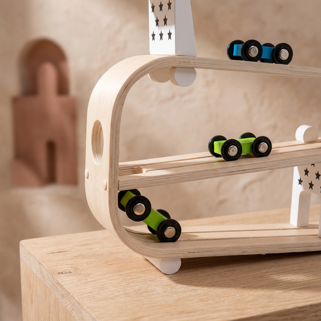 Wooden Gliding Car Track Toy — Gravity Racer Playset for Kids