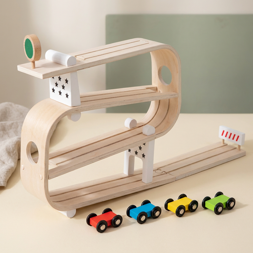 Wooden Gliding Car Track Toy — Gravity Racer Playset for Kids