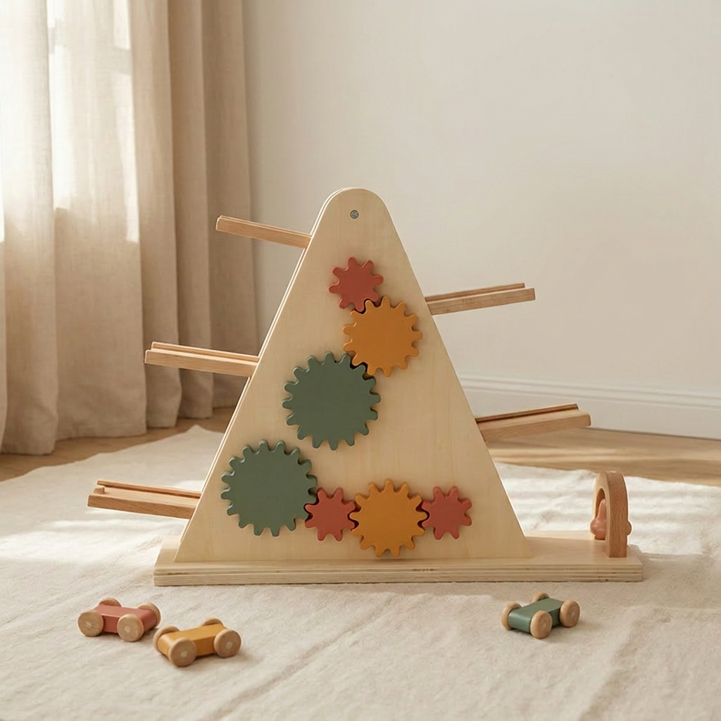 Wooden Windmill Car Ramp Toy — Gravity Gliding Track Set for Toddlers