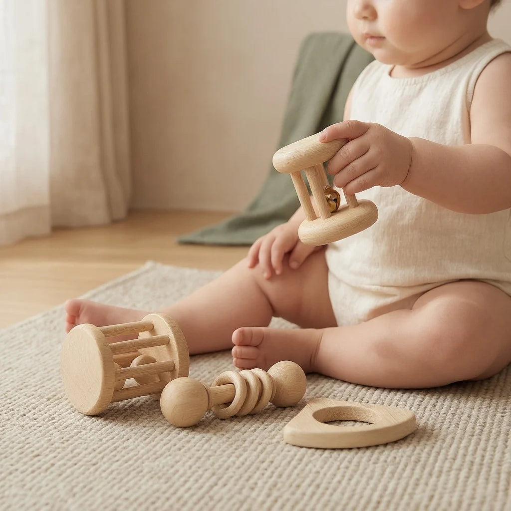 Wooden Baby Rattle Set — 4-Piece Sensory Toy for Newborns & Infants