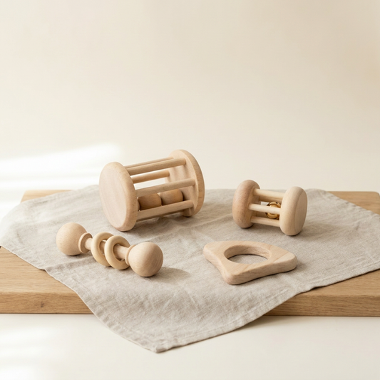 Wooden Baby Rattle Set — 4-Piece Sensory Toy for Newborns & Infants