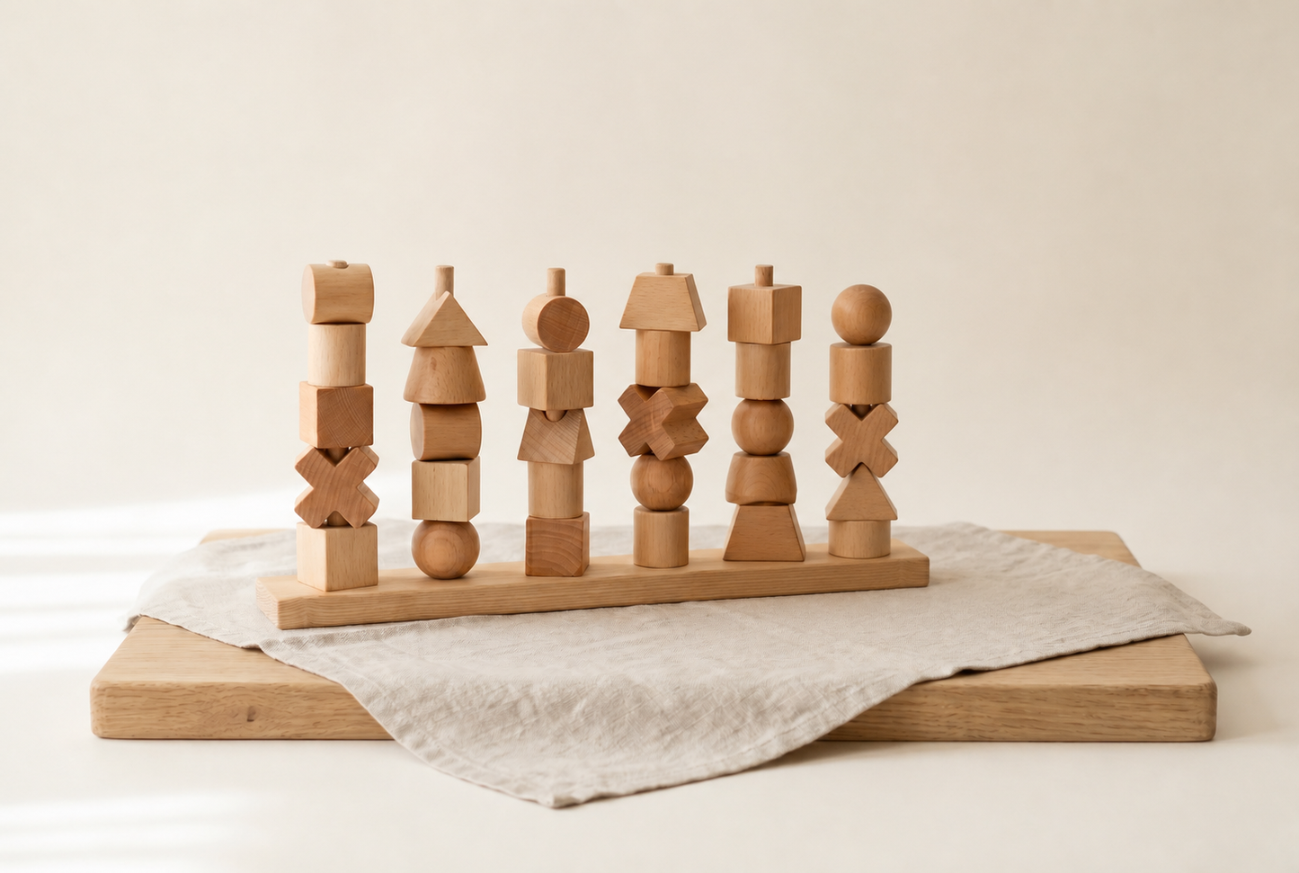 Wooden Geometric Shape Stacking Toy — 4-Post Sorting & Stacking Set for Kids