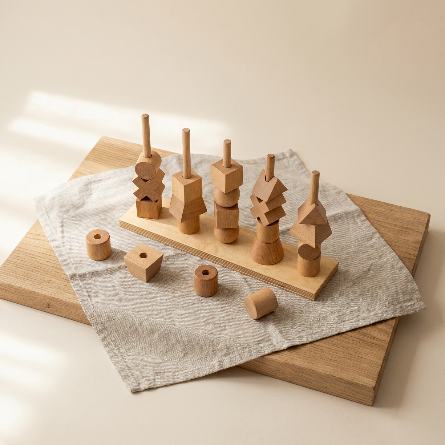 Wooden Geometric Shape Stacking Toy — 4-Post Sorting & Stacking Set for Kids