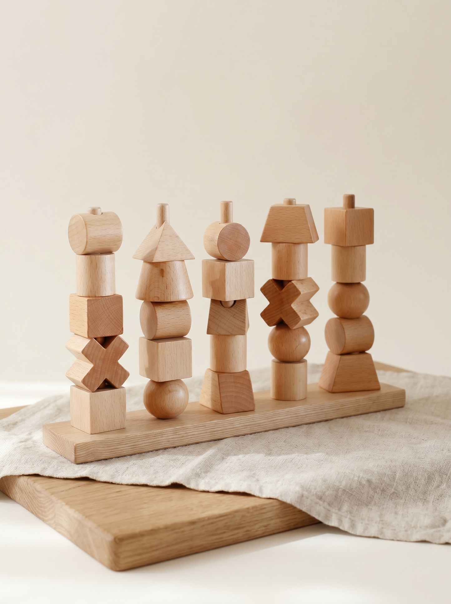 Wooden Geometric Shape Stacking Toy — 4-Post Sorting & Stacking Set for Kids