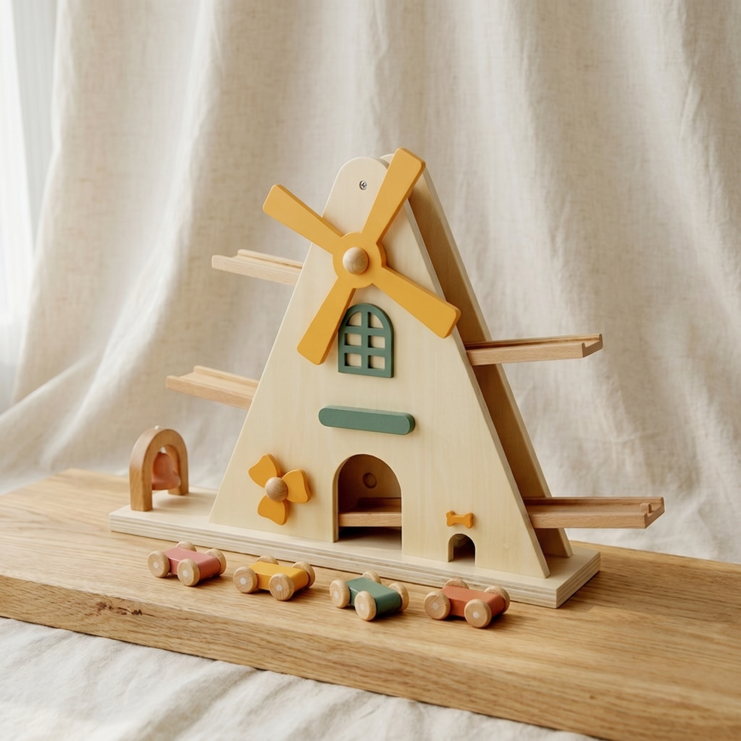 Wooden Windmill Car Ramp Toy — Gravity Gliding Track Set for Toddlers