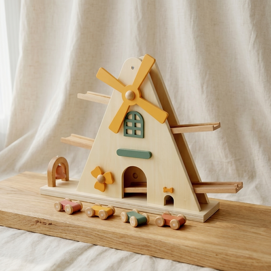 Wooden Windmill Car Ramp Toy — Gravity Gliding Track Set for Toddlers