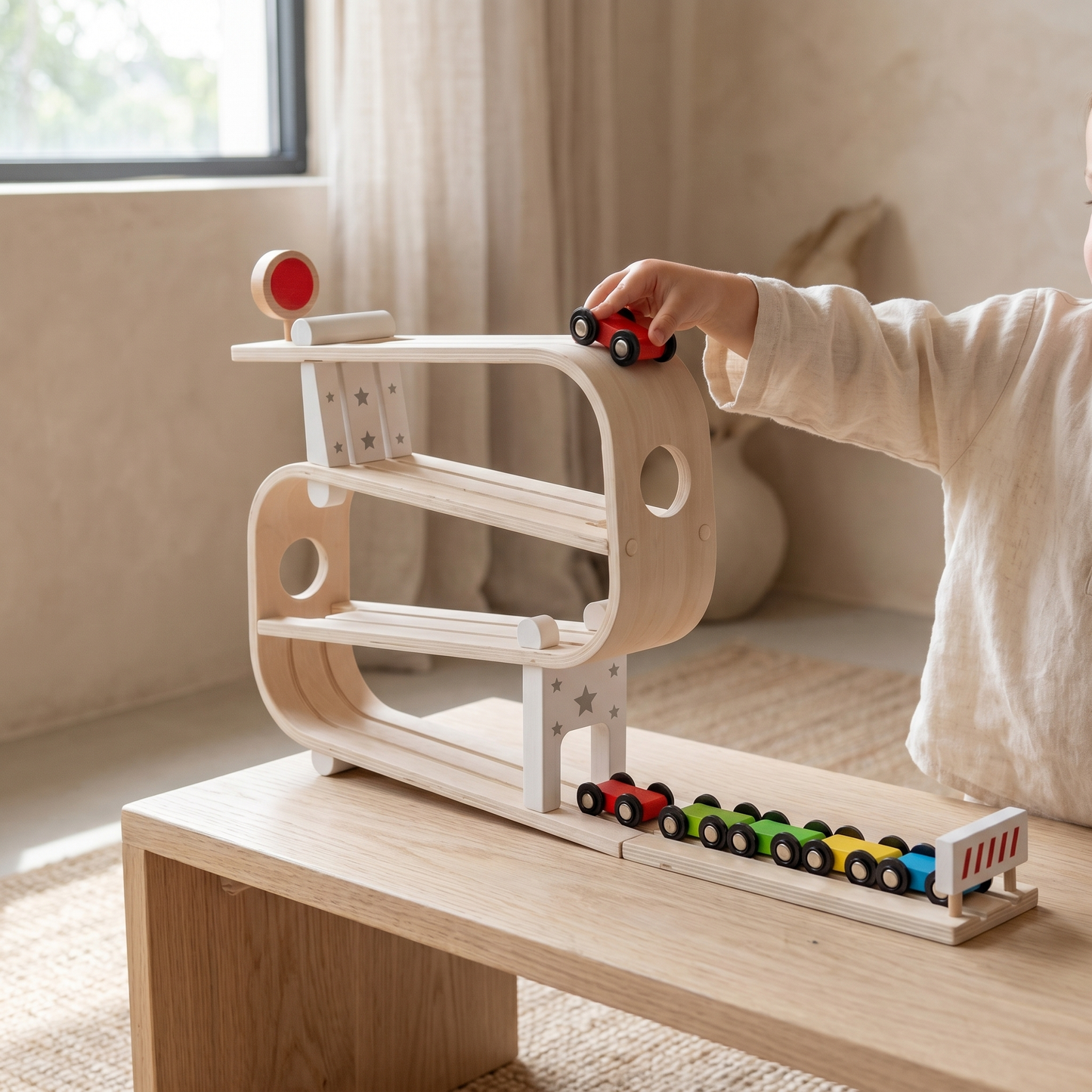 Wooden Gliding Car Track Toy — Gravity Racer Playset for Kids