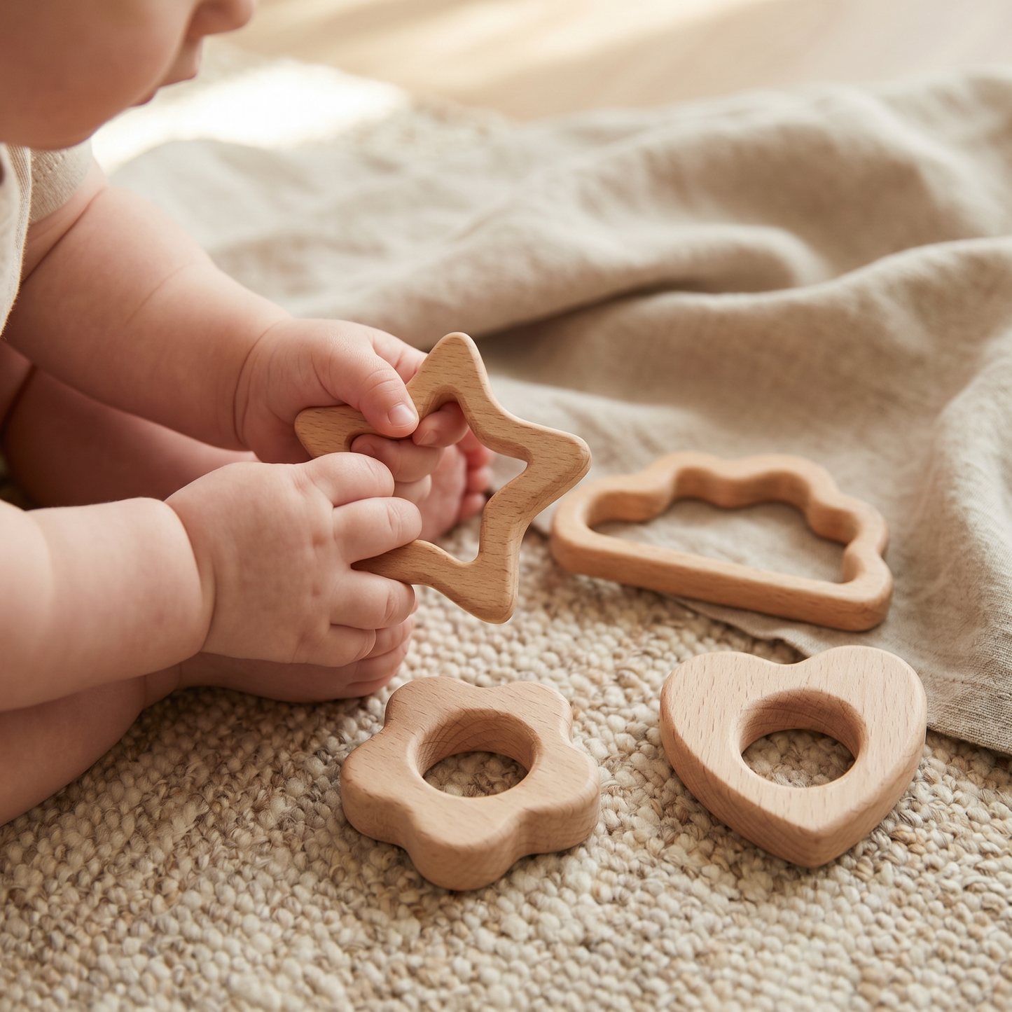Wooden Shape Teether & Decoration Set — Handcrafted Beech Toy for Babies