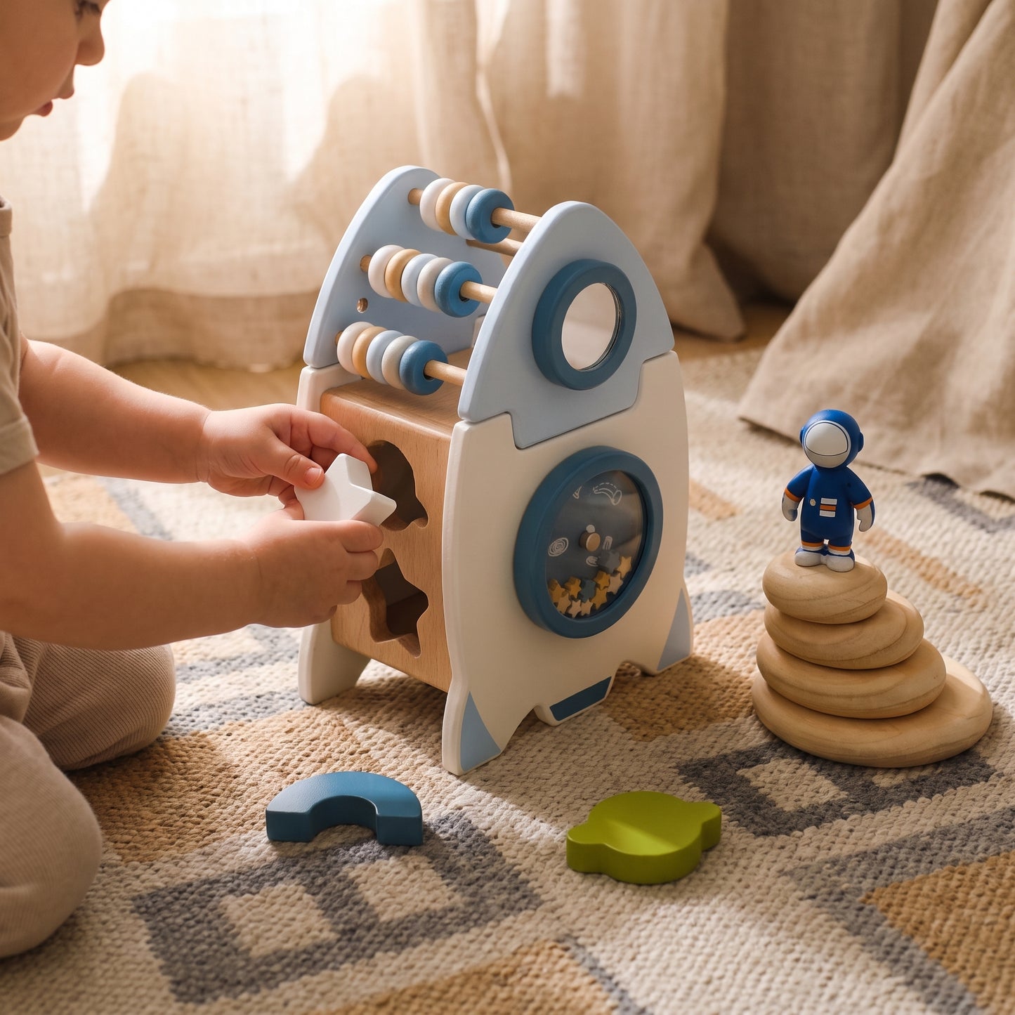 Wooden Rocket Busy Box — 4-in-1 Montessori Activity Toy for Toddlers