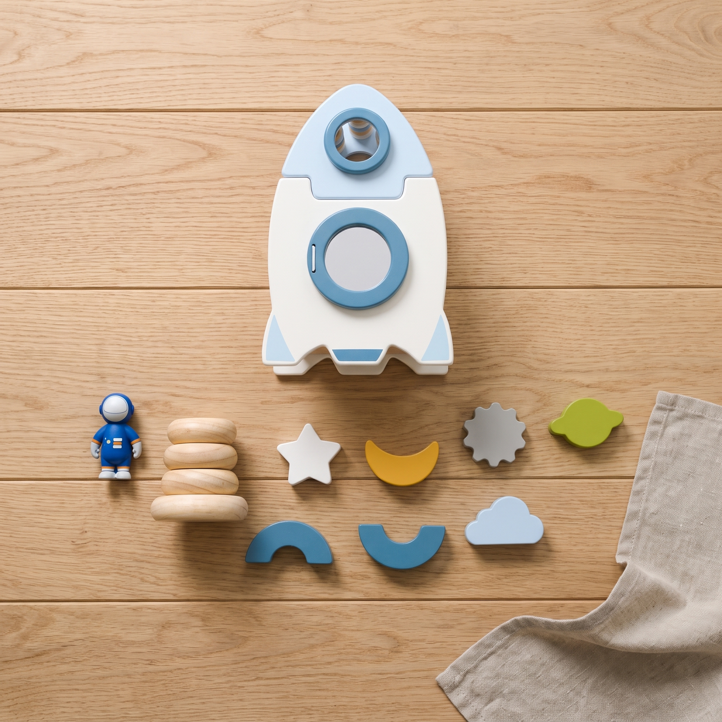 Wooden Rocket Busy Box — 4-in-1 Montessori Activity Toy for Toddlers